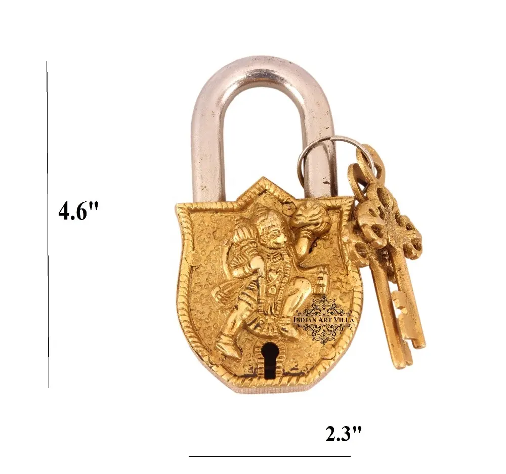 ส่วนบุคคลล็อคทองเหลืองที่มีราคา Handmade เก่า Vintage สไตล์โบราณ Hanuman Ji ออกแบบความปลอดภัยทองเหลืองล็อค2คีย์
