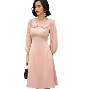 New Arrivals 2020 Fashion Dress for Women Long - Sleeve Navy Collar Long Dress Made in Vietnam