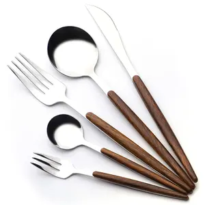 5 Pieces Silverware Flatware Set With Wooden Handle For 2, Stainless Steel Flatware Cutlery Set For Home And Restaurant, Travel