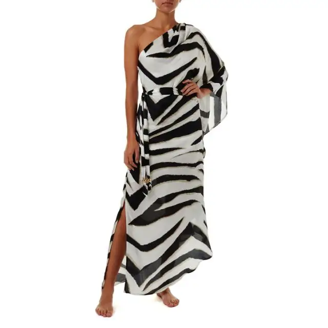 2019 Phụ Nữ Mùa Hè Dresses Một Vai Kỹ Thuật Số Zebra In Phong Cách Boho Dài Kaftan