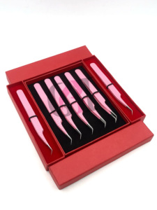 Pinzas de extensión de pestañas de acero inoxidable con revestimiento de polvo rosa de 45 grados de alta calidad, instrumentos de belleza con logotipo personalizado - Product Image 5
