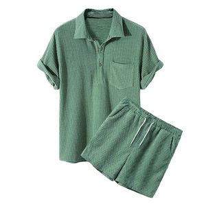 T-shirt en velours côtelé pour hommes, vêtements assortis, deux pièces, style décontracté, à cordon, mode été 100%, pour la plage - Product Image 1