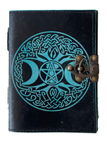 Grimoire hecho a mano negro y azul suave 100% diario de cuero genuino antiguo tercer ojo Triple Luna hechizo nota libro de sombras