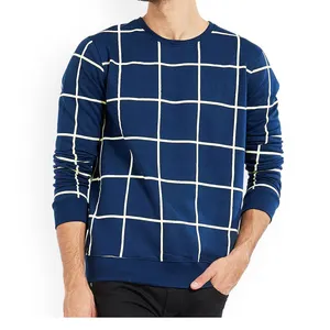 Mens Navy Blue Checked Sweatshirt Customize Wholesale OEM Service P Workout Wear Sweatshirt
