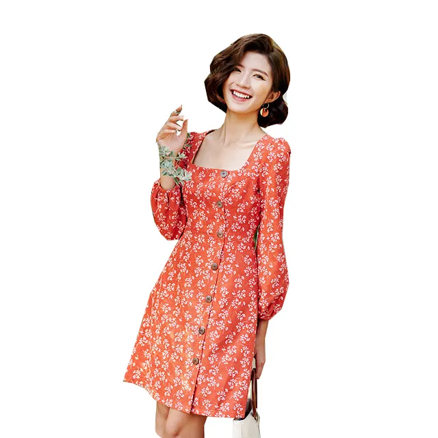 New Arrivals Women Clothing Red White Floral Long Sleeves Elegant Dress for Ladies made in Vietnam