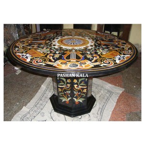 Handmade Black Marble Round <b>Table</b> Top With Inlay <b>Work</b> - Product Image 1