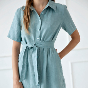 <span class=keywords><strong>Abito</strong></span> da festa elegante in 100% <span class=keywords><strong>lino</strong></span> <span class=keywords><strong>azzurro</strong></span> con design a croce, collo a revers, maniche corte, lunghezza al ginocchio, traspirante - Product Image 1