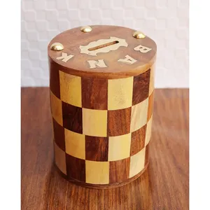 Digne Shoppee Artisanal Antique Motif D'échecs En Relief Cylindrique En Bois Tirelire (Jaune, Marron, 5 pouces)