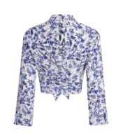 Nouvelle Blouse Tissée Anti-Plis à Manches Longues, Col Rond, Imprimé Floral Bleu, Style Vintage Décontracté, Écologique, avec Nœud à l'Arrière