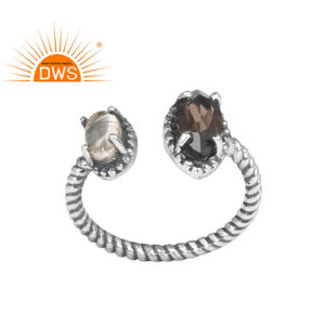Cristal Quartz Fumé Gemme Argent Sterling Oxydé Face Bague Bijoux Fabricant Collection Classique - Product Image 1
