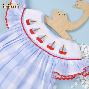 Customizable Hand Smocked Bishop Dress for Girls 3D Pattern <b>Sailboat</b> Design Children's OEM ODM Wholesale-BB2758 - Product Image 1
