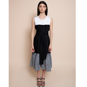 Vestido largo de la mejor calidad italiana, cuello redondo, sin mangas, doble volante, rizado, cada uno en un color diferente, para usar todo el día. - Product Image 4