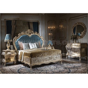 Conjunto de muebles de dormitorio tamaño king europeo moderno, madera de teca pulida metálica dorada con mesitas de noche talladas a mano de espalda baja - Product Image 1