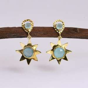 2021 925 Sterling <b>silver</b> bezel setting chalcedony topaz gemstone gold plated stud <b>dangle</b> <b>earrings</b> wholesale jewelry - Product Image 5