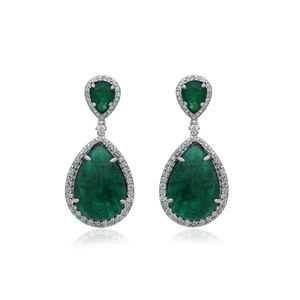 28 Ct Natural Emerald Gemstone Solid 14k Gold Designer Pave <b>Diamond</b> Drop <b>Dangle</b> <b>Earrings</b> Wedding Jewelry - Product Image 3