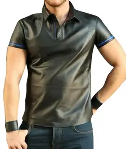 Camisa polo de manga curta de couro de cordeiro real masculina, roupa de clube noturna punk em 3 cores, roupa de espartilho para homens e mulheres, roupa de corteias para homens