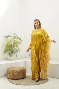 Robe Caftan longue à teinture par nouage pour femme et fille, vêtement de plage indien jaune, en rayonne, 2020, vente en gros - Product Image 5