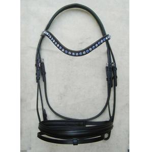 Bridon d'équitation anglais en cuir noir DD, rembourré, avec frontale et muserolle ornées de cristaux, style western, marque LLT - Product Image 1