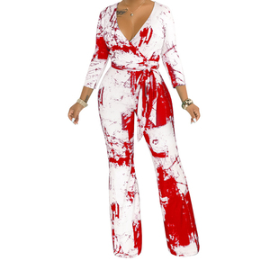 2021 femmes tricoté combinaisons et barboteuses col en v à manches longues imprimé géométrique décontracté hiver pull saut costume - Product Image 3