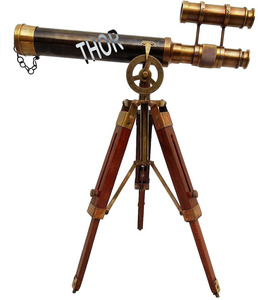Télescope nautique antique en laiton à double baril avec jumelles trépied en bois fini laiton antique - Product Image 5