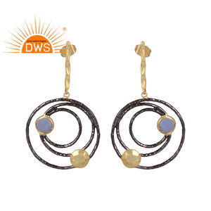 Blue Chalcedony Indian Brass <b>Gold</b> Plated Drop Stud Earring Fashion <b>Jewellery</b> Supplier for Women Gift for Her Classic Collection - Product Image 1