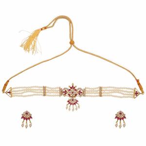 Indian Traditional Bridal Necklace <b>Set</b> White and Pink Stone Floral Design with <b>Crystal</b> Pearl Gold Plated Jewelry for Weddings - Product Image 1