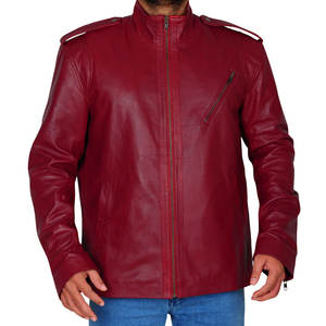 แจ็กเก็ตหนังสีแดงสำหรับผู้ชาย, แจ็กเก็ตหนังสำหรับฤดูหนาวแบบมีซิปพร้อมขนสัตว์ลายพิมพ์สีพื้นขนาดพิเศษดีไซน์ใหม่ - Product Image 2