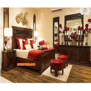 Meubles de chambre à coucher en bois massif faits à la main, meubles de chambre à coucher anciens sculptés à la main, finition brune traditionnelle, ensemble de meubles de chambre à coucher, États-Unis - Product Image 1