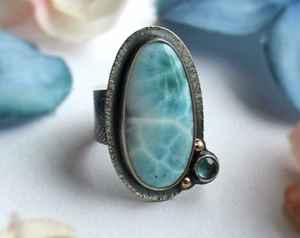 Anillo de declaración de plata de ley sólida 925, anillo de piedras preciosas de Larimar del Caribe Natural, joyería ODM OEM, proveedor mayorista - Product Image 1