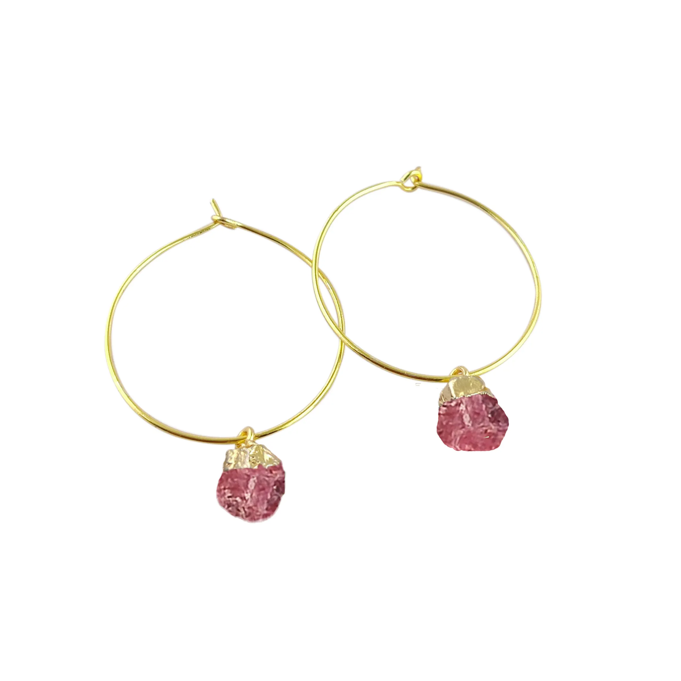 Raw Ruby Batu Permata Sterling Silver Hoop, Perhiasan Anting-Anting Batu Ulang, Anting Batu Kelahiran Keluarga