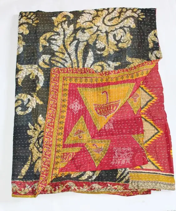 Gudri anel artesanal de algodão, quilhas de patchwork reversíveis, vintage, bordados de algodão de kantha