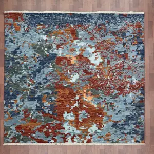 蓝色竹丝地毯印度手工克什米尔丝绸地毯和地毯印花传统地毯