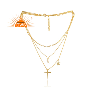 CZ Star Moons And Cross-collar de latón de lujo, hecho a mano, chapado en oro, hilo de Lariat clásico, joyería - Product Image 2