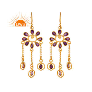 Bezel Set Amethyst Gemstone Earrings Wholesale Indian Handmade Gold Plated 925 Silver Chandelier Earrings Jewelry - Product Image 1