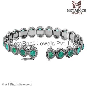 Pavé de diamante oxidado 925 Plata Esmeralda Natural, gema abierta, brazalete redondo, pulsera, joyería para ella - Product Image 4