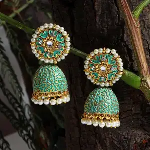 Partywear Collection Glass Stone Mint Meena Jhumka Earrings