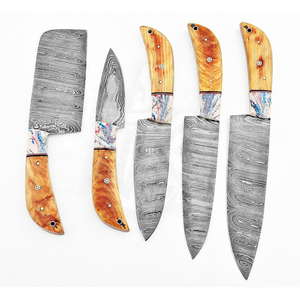 Damascus <b>Knife</b> 05 Pcs Chef <b>Knife</b> 1095 and 15N20 <b>Set</b> Material - Product Image 6
