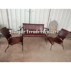 Best Deal Vintage Industrial Iron Leather four Seater Sofa Bench set / Industrial Furniture Leather Bench set