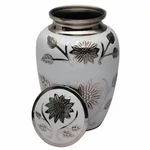 Hot Selling Metal Cremation Urn Peaceful White Powder Coated Cremation Urn with Silver Flower Best Funeral Suppliers for AShes