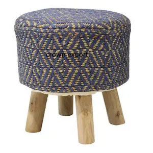 Sgabello moderno Pouf blu e naturale con 4 gambe camere da letto in cotone e legno ottomano sgabello interno ed esterno Pouf comodino mobili per la casa