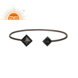 Bracelet manchette en argent Sterling, pierre de naissance saphir bleu naturel, noir et Rhodium plaqué - Product Image 1