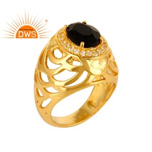 แหวนค๊อกเทลสีขาวบุษราคัม,เครื่องประดับแหวนเงินชุบทองสีเหลืองพลอยนิลสีดำง่ามชุด - Product Image 1