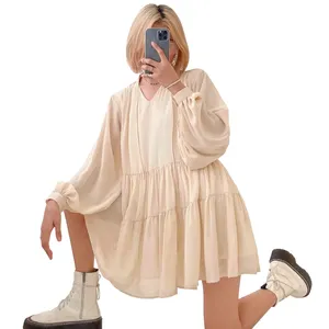 Newest White Baby Doll Dresses Free Size Dress Modernize Women Dress with Long Sleeve and V Neck Made in Vietnam