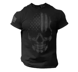 Camiseta desgastada con estampado de calavera para hombre, camisa con estampado de bandera americana para gimnasio y motociclista