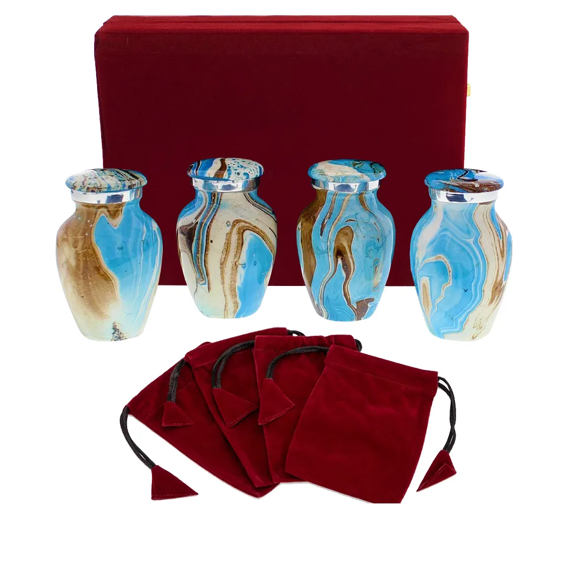 Oceano tidos keepsake conjunto de 4 urnos de alumínio, com caixa de veludo vermelho para cinzas funerais, melhor venda de urns de bronze