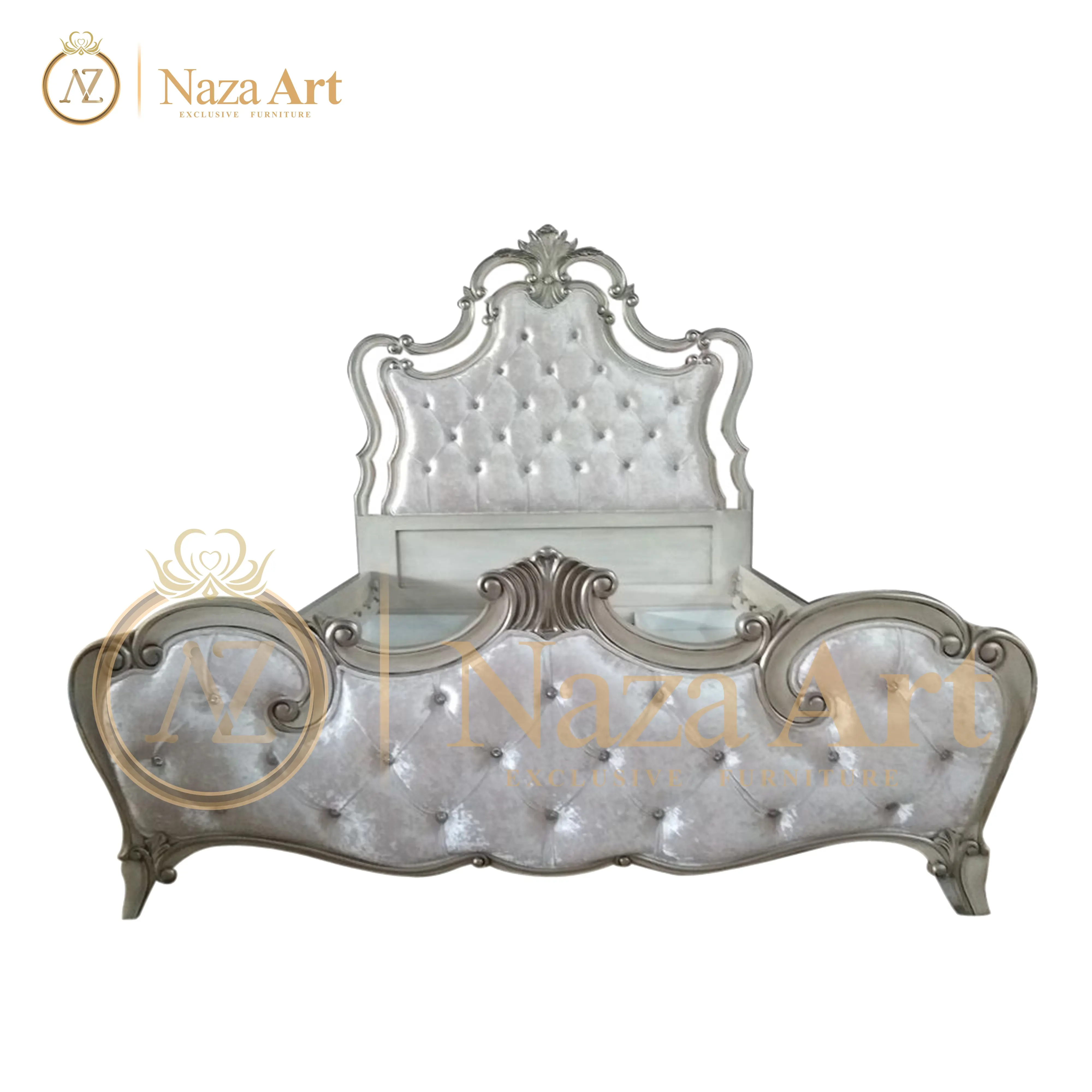 Cama plateada de lujo de estilo francés con madera tallada a mano, tapizada para muebles de dormitorio