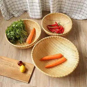 一套3个高品质传统竹制厨房储藏盘/果盘自然颜色