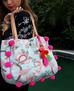 Bulk Wholesale Hand Bags Custom Printed With Pom Pom Women Beachwear Two Handles Canvas Tote Beach Bag