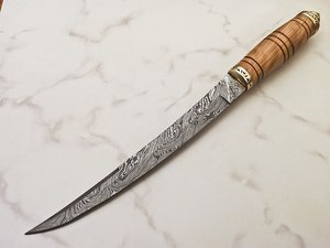 Ensemble de couteaux à filet en acier Damas avec manche en bois Lame en acier au carbone pour la cuisine et le boucher Comprend une gaine - Product Image 3