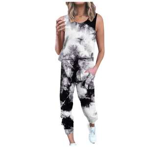 Custom Women <b>Tie</b> Dye Printed U <b>Neck</b> Sleeveless Top With Elastic Waist Drawstring Pant Two Pockets Tracksuit Outfits Active Wears - Product Image 5